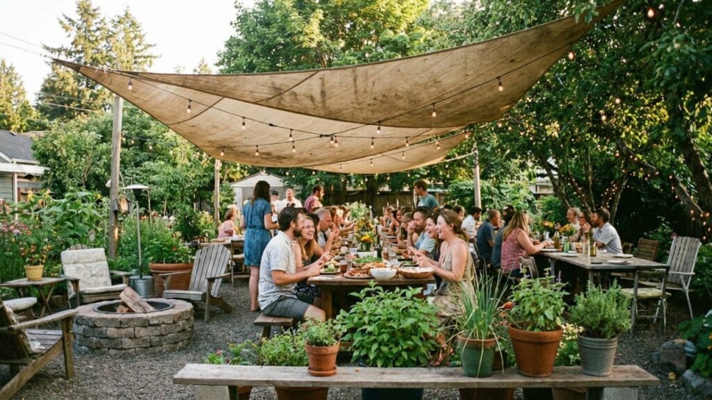 Jardín exterior equipado con sillas mesas y asador para ver el Mundial 2026 en casa