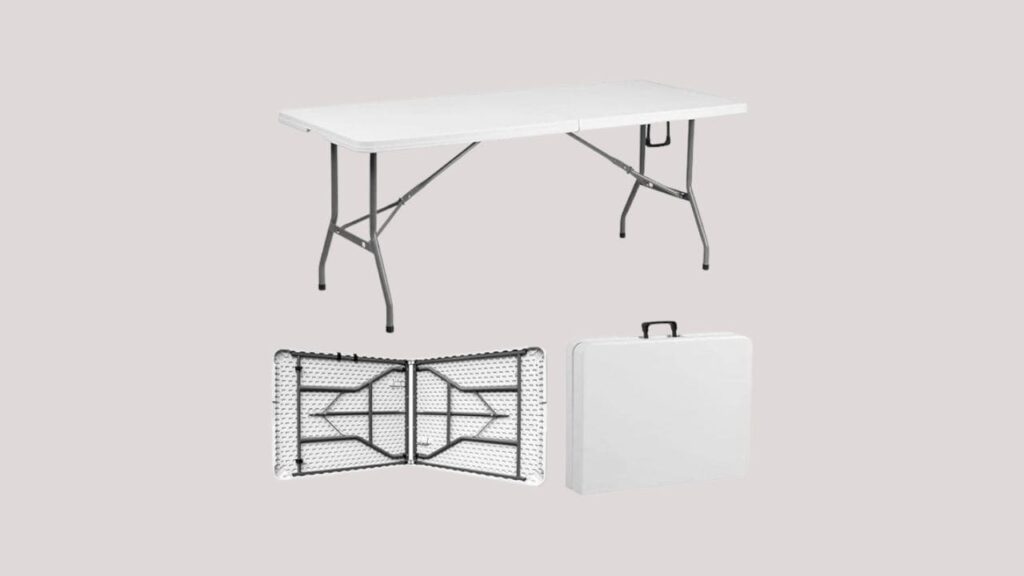 Mesa plegable tipo portafolio Raganet blanca 180cm plástico resistente para exterior jardín y eventos disponible en Amazon México