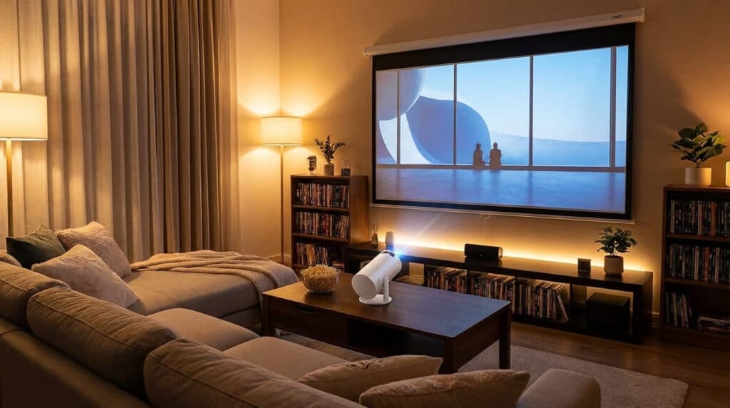 Setup entretenimiento en casa con proyector portátil bocinas bluetooth bocinas para exterior bar en casa y snacks Amazon México 2026